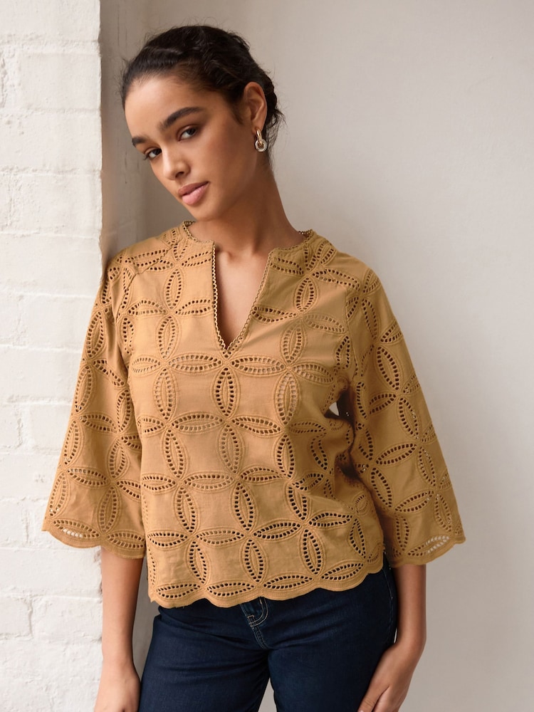 Brown 3/4 Sleeve Floral Broderie Notch Neck Top - Image 1 of 6