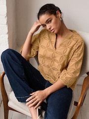 Brown 3/4 Sleeve Floral Broderie Notch Neck Top - Image 2 of 6