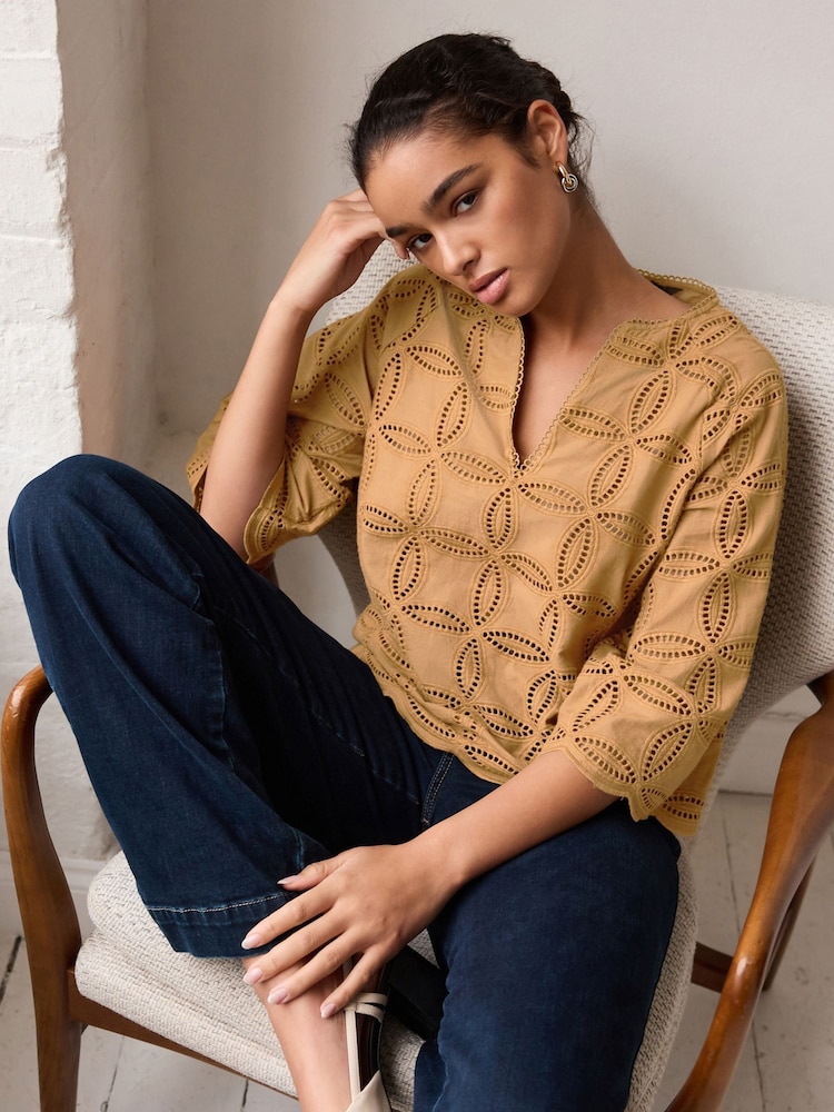 Brown 3/4 Sleeve Floral Broderie Notch Neck Top - Image 2 of 6