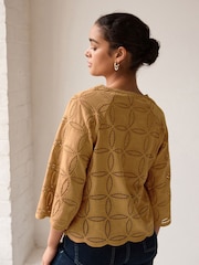 Brown 3/4 Sleeve Floral Broderie Notch Neck Top - Image 3 of 6