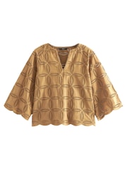 Brown 3/4 Sleeve Floral Broderie Notch Neck Top - Image 5 of 6