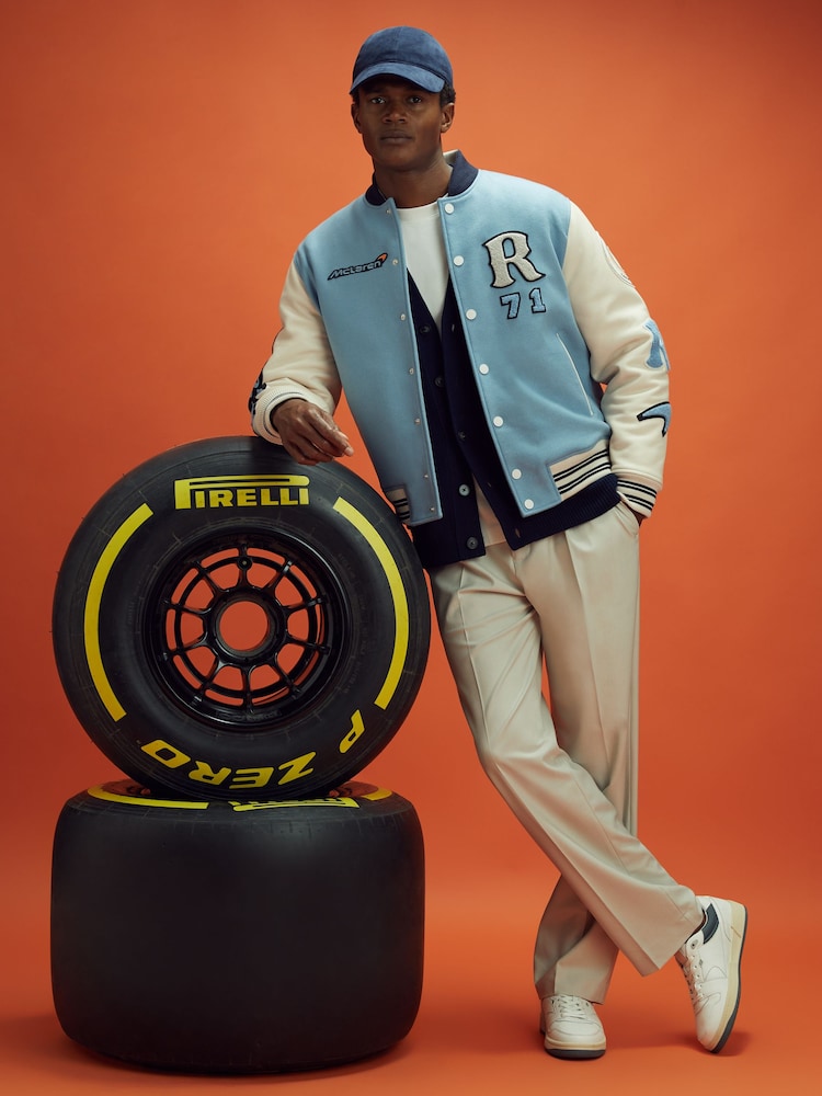 Reiss x McLaren F1 Team Soft Blue/Ecru Leather Varsity Jacket - Image 1 of 11 Reiss x McLaren F1 Team Soft Blue/Ecru Leather Varsity Jacket - Image 1 of 11