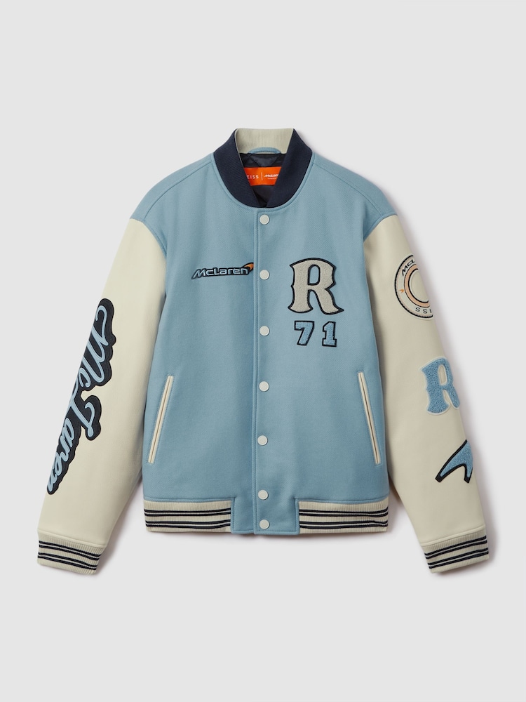 Reiss x McLaren F1 Team Soft Blue/Ecru Leather Varsity Jacket - Image 2 of 11 Reiss x McLaren F1 Team Soft Blue/Ecru Leather Varsity Jacket - Image 2 of 11