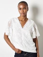 Apricot Cream Crochet Trim Floral Jacquard Blouse - Image 1 of 4