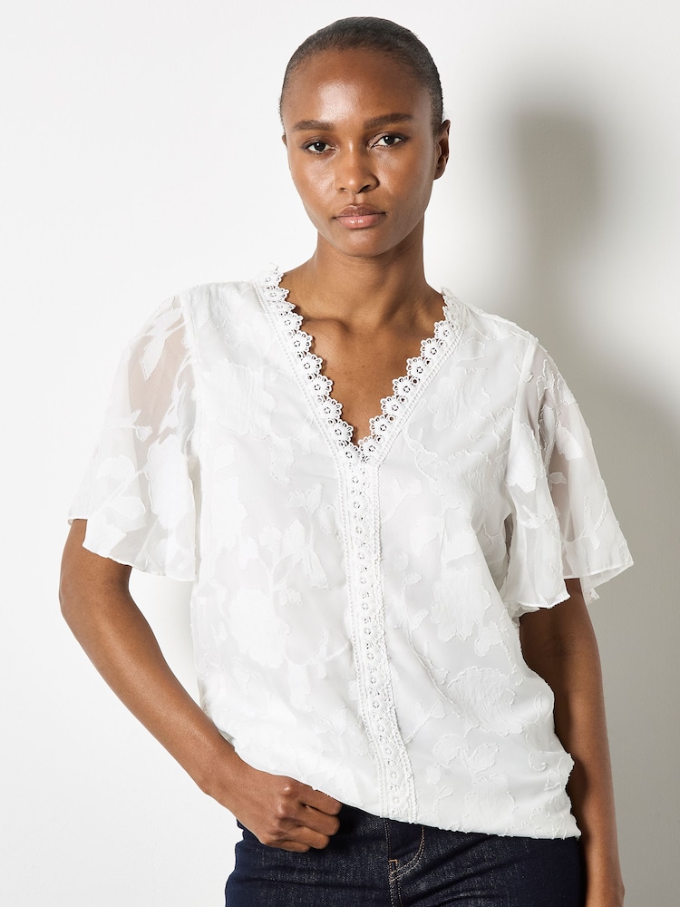 Apricot Cream Crochet Trim Floral Jacquard Blouse - Image 1 of 4