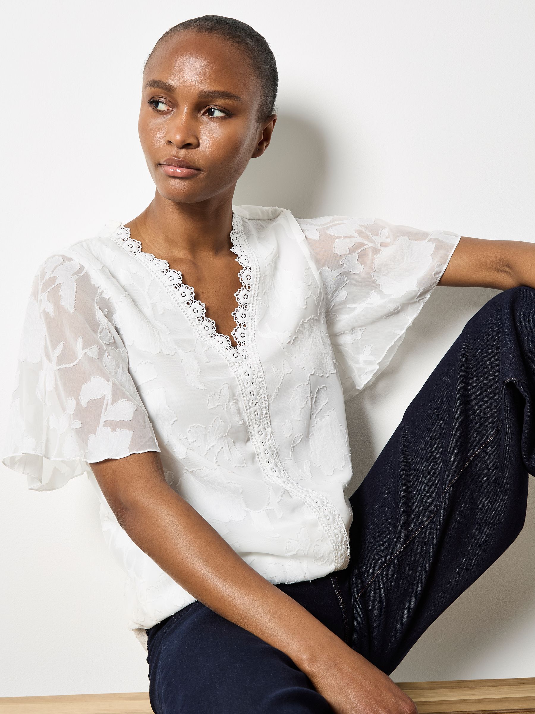 Buy Apricot Cream Crochet Trim Floral Jacquard Blouse from the