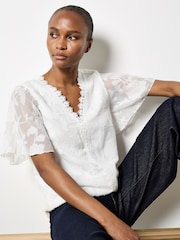 Apricot Cream Crochet Trim Floral Jacquard Blouse - Image 2 of 4