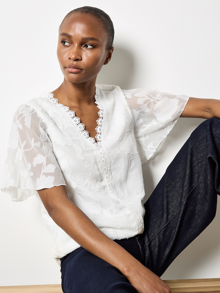 Apricot Cream Crochet Trim Floral Jacquard Blouse - Image 2 of 4
