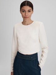 Reiss Cream Ariana Crew Neck Cropped Top - Image 1 of 5