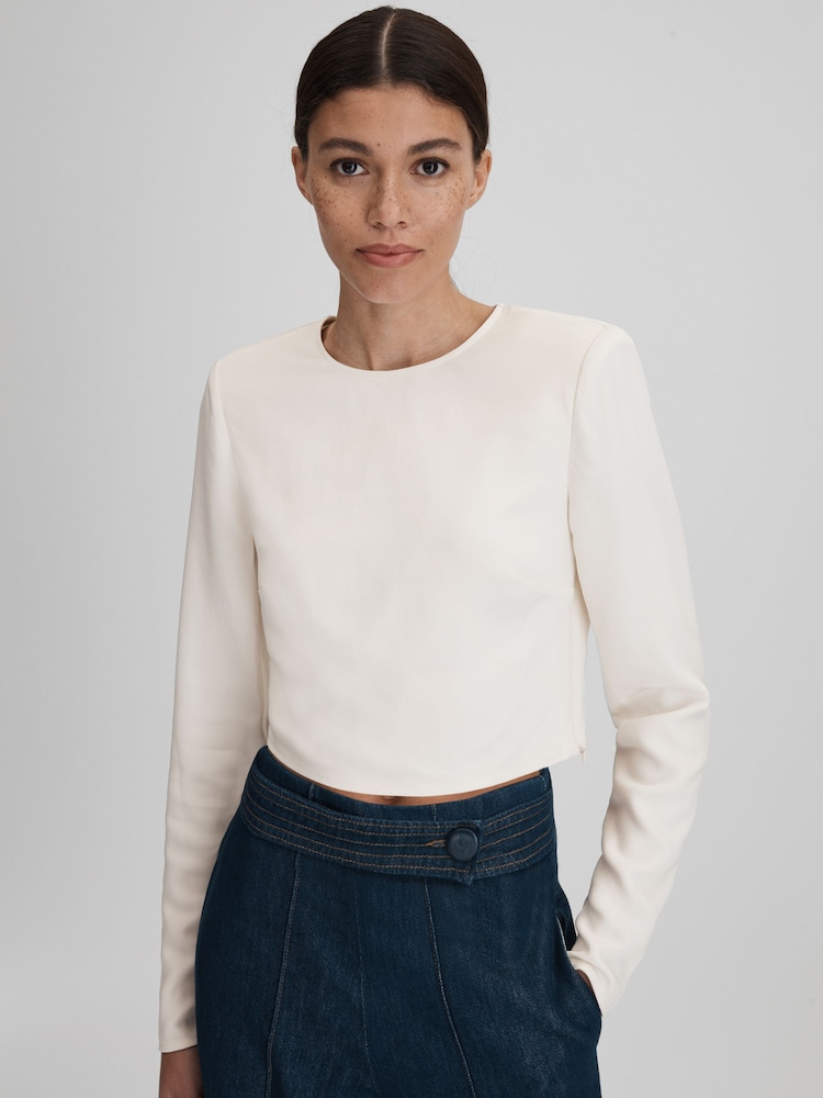 Reiss Cream Ariana Crew Neck Cropped Top - Image 1 of 5