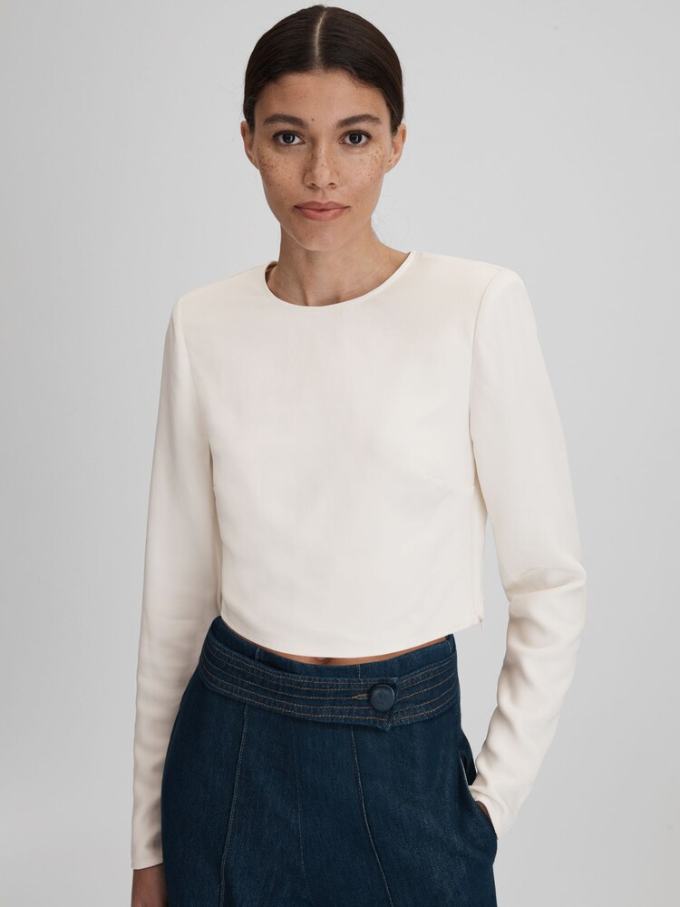 Reiss Cream Ariana Crew Neck Cropped Top - Image 1 of 5 Reiss Cream Ariana Crew Neck Cropped Top - Image 1 of 5