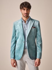 Light Blue Slim Fit Self Lapel Velvet Blazer - Image 1 of 11