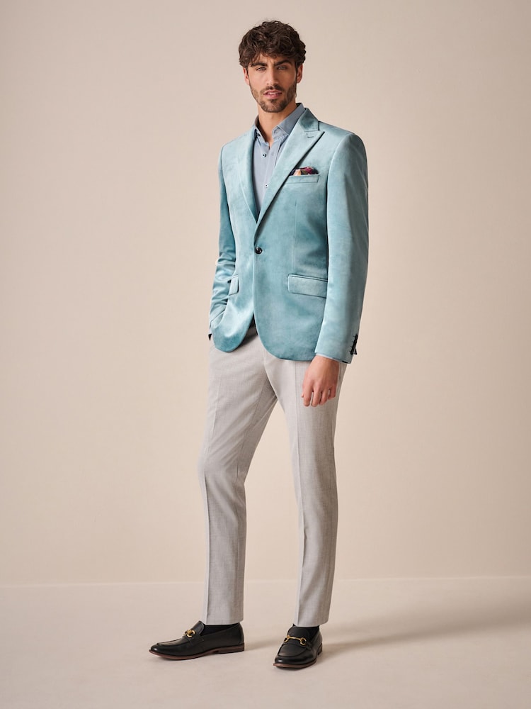 Light Blue Slim Fit Self Lapel Velvet Blazer - Image 2 of 11