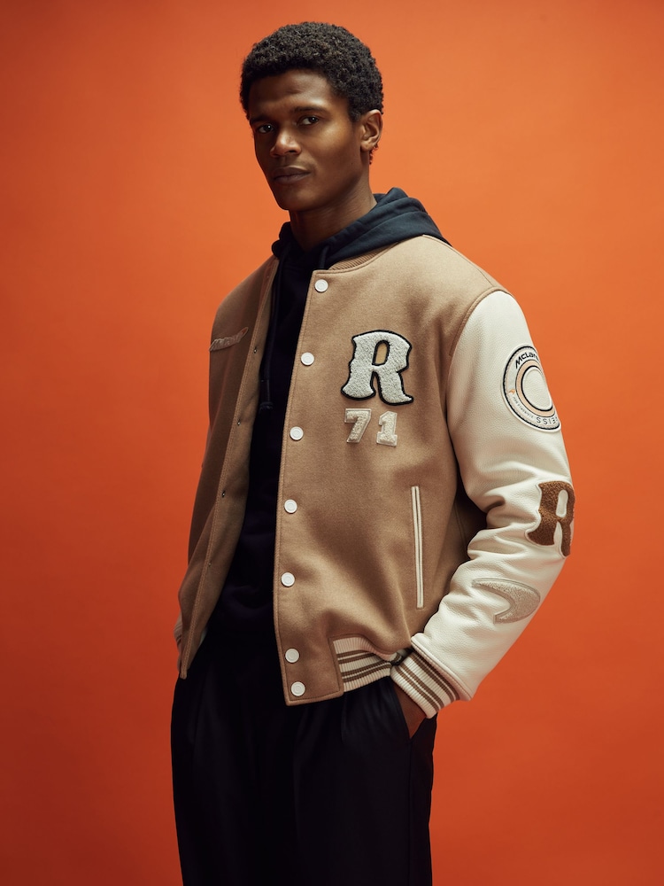 Reiss x McLaren F1 Team Camel/Ecru McLaren F1 Leather Varsity Jacket - Image 1 of 9