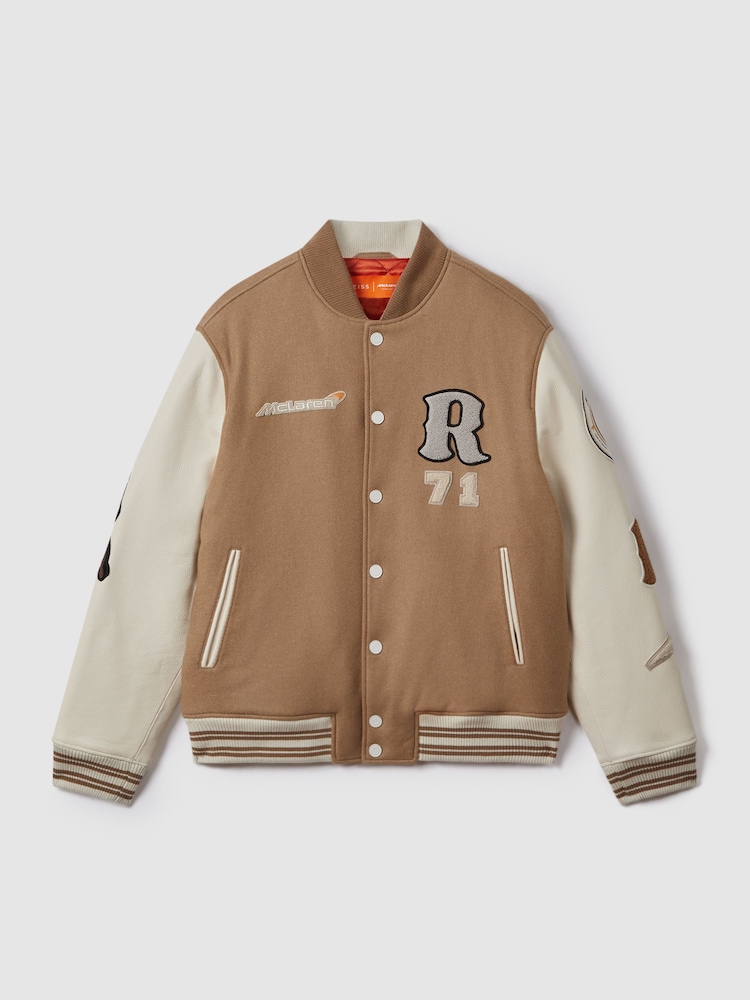 Reiss x McLaren F1 Team Camel/Ecru McLaren F1 Leather Varsity Jacket - Image 2 of 9
