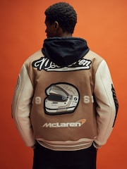 Reiss x McLaren F1 Team Camel/Ecru McLaren F1 Leather Varsity Jacket - Image 5 of 9