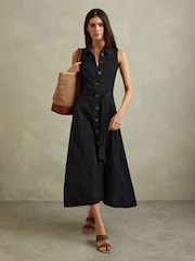 Reiss Navy Heidi Viscose-Linen Belted Midi Dress - Image 1 of 6