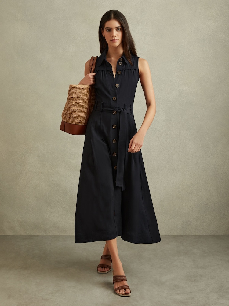 Reiss Navy Heidi Viscose-Linen Belted Midi Dress - Image 1 of 6