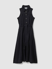 Reiss Navy Heidi Viscose-Linen Belted Midi Dress - Image 2 of 6