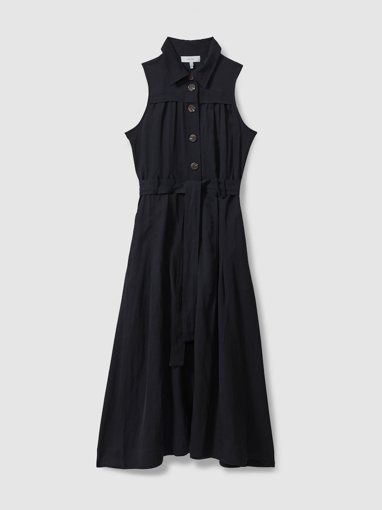 Reiss Navy Heidi Viscose-Linen Belted Midi Dress - Image 2 of 6
