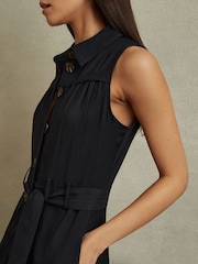 Reiss Navy Heidi Viscose-Linen Belted Midi Dress - Image 3 of 6