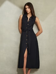 Reiss Navy Heidi Viscose-Linen Belted Midi Dress - Image 4 of 6