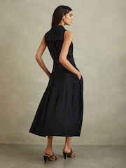 Reiss Navy Heidi Viscose-Linen Belted Midi Dress - Image 5 of 6