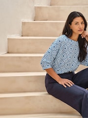 Pure Collection Blue Linen 3/4 Sleeve Top - Image 2 of 3