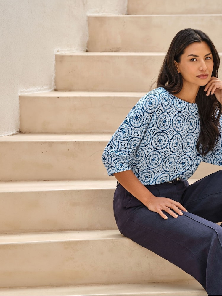 Pure Collection Blue Linen 3/4 Sleeve Top - Image 2 of 3 Pure Collection Blue Linen 3/4 Sleeve Top - Image 2 of 3
