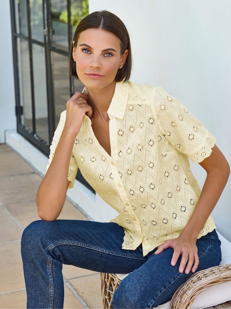 Pure Collection Yellow Short Sleeve Broderie Shirt - Image 1 of 3
