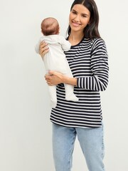 Navy Blue/White Maternity Long Sleeve Striped Nursing T-Shirt - Image 4 of 8