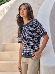 Pure Collection Blue Cotton Blend Wavy Stripe Top - Image 1 of 3