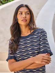 Pure Collection Blue Cotton Blend Wavy Stripe Top - Image 3 of 3