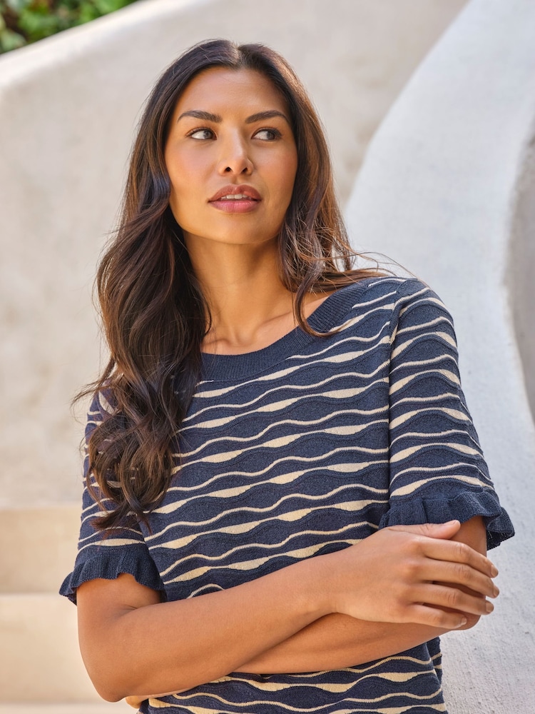 Pure Collection Blue Cotton Blend Wavy Stripe Top - Image 3 of 3 Pure Collection Blue Cotton Blend Wavy Stripe Top - Image 3 of 3