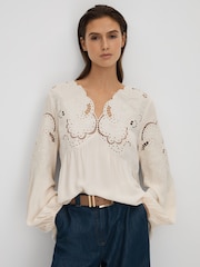 Reiss Cream Noa Lace Cut-Out Blouse - Image 1 of 6