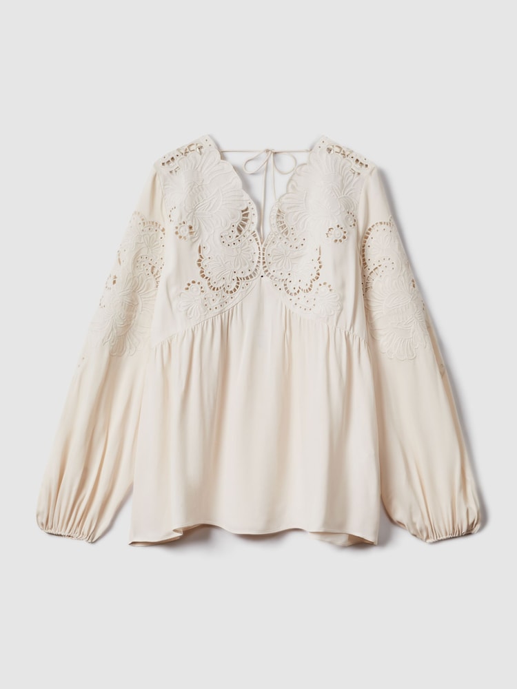 Reiss Cream Noa Lace Cut-Out Blouse - Image 2 of 6 Reiss Cream Noa Lace Cut-Out Blouse - Image 2 of 6