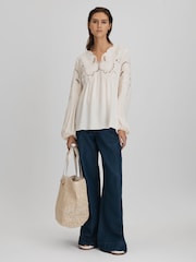 Reiss Cream Noa Lace Cut-Out Blouse - Image 3 of 6
