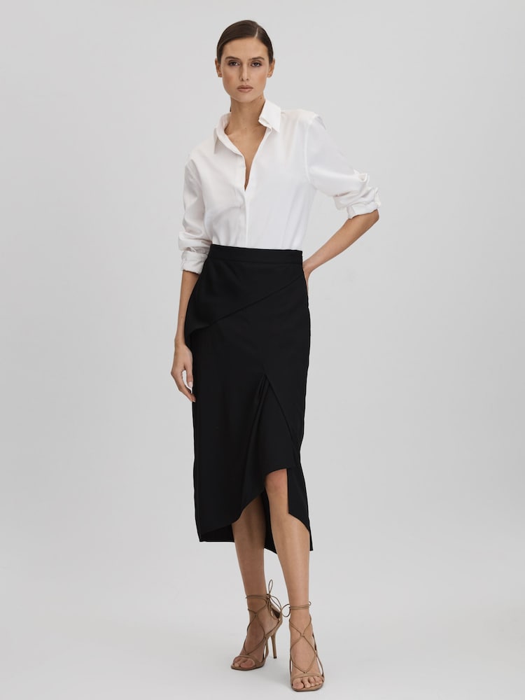 Reiss Black Zaria High Rise Draped Midi Skirt - Image 1 of 6
