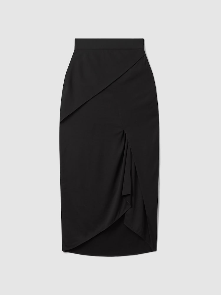 Reiss Black Zaria High Rise Draped Midi Skirt - Image 2 of 6