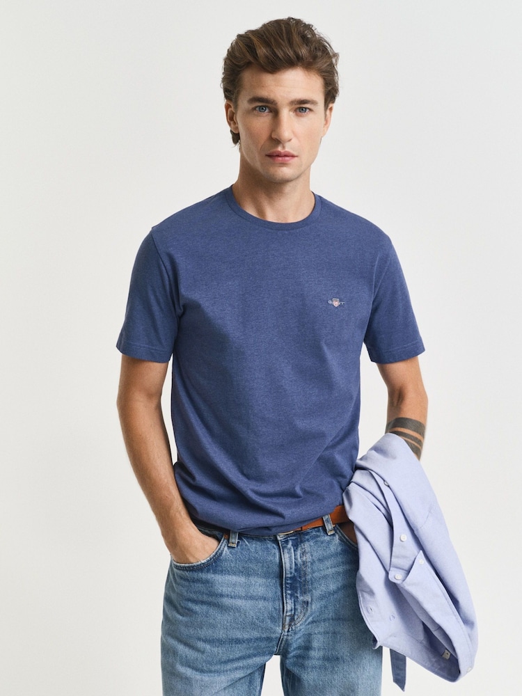GANT Blue Melange Shield Logo T-Shirt - Image 1 of 4 GANT Blue Melange Shield Logo T-Shirt - Image 1 of 4