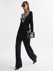 Reiss Black/White Matilda Casual Ribbed Colourblock Jumper - Image 1 of 4