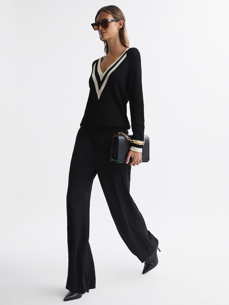 Reiss Black/White Matilda Casual Ribbed Colourblock Jumper - Image 1 of 4