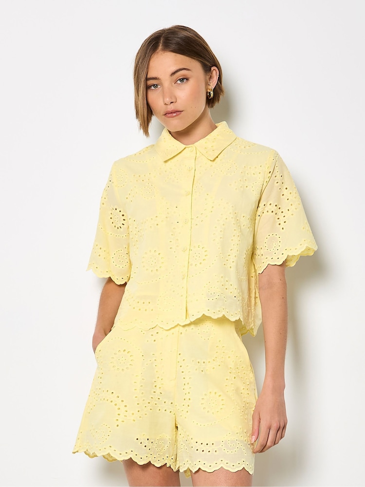 Apricot Yellow Scalloped Broderie Cropped Shirt - Image 2 of 4