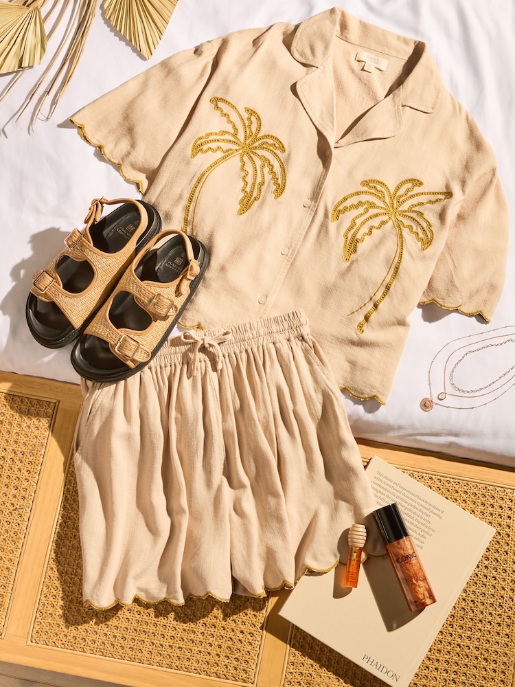 Cream Scallop Edge Button Through Short Set Pyjamas - Image 2 of 10