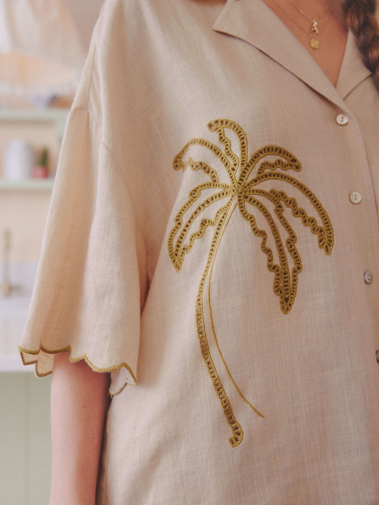 Cream Scallop Edge Button Through Short Set Pyjamas - Image 4 of 10