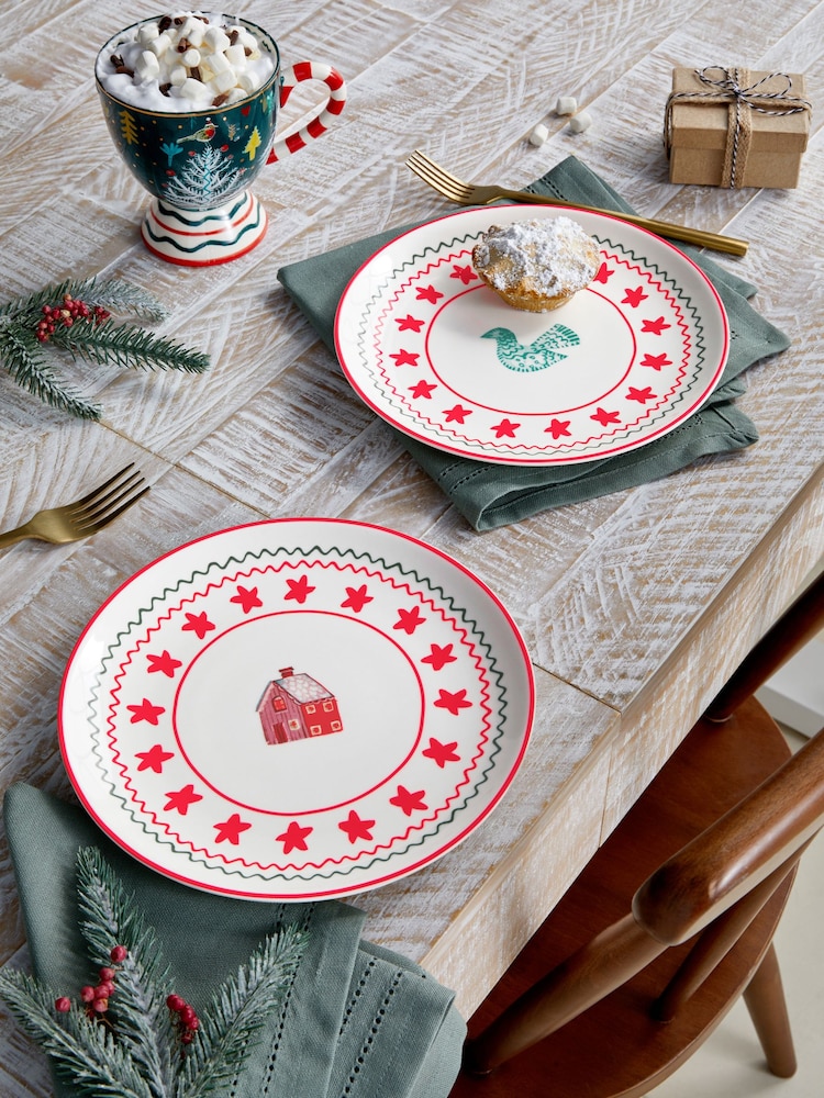Lucy Tiffney Set of 2 Cream/Red Christmas Plates - Image 1 of 3