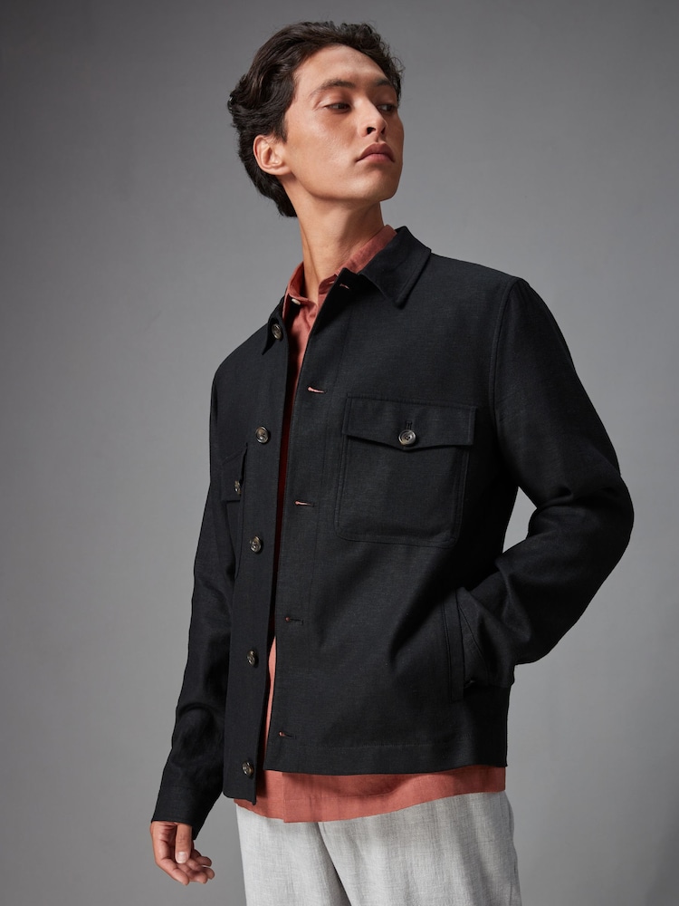 Black Linen Blend Trucker Jacket - Image 1 of 12