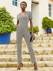 Sosandar Black Light Geometric Print Wrap Front Jumpsuit - Image 1 of 5