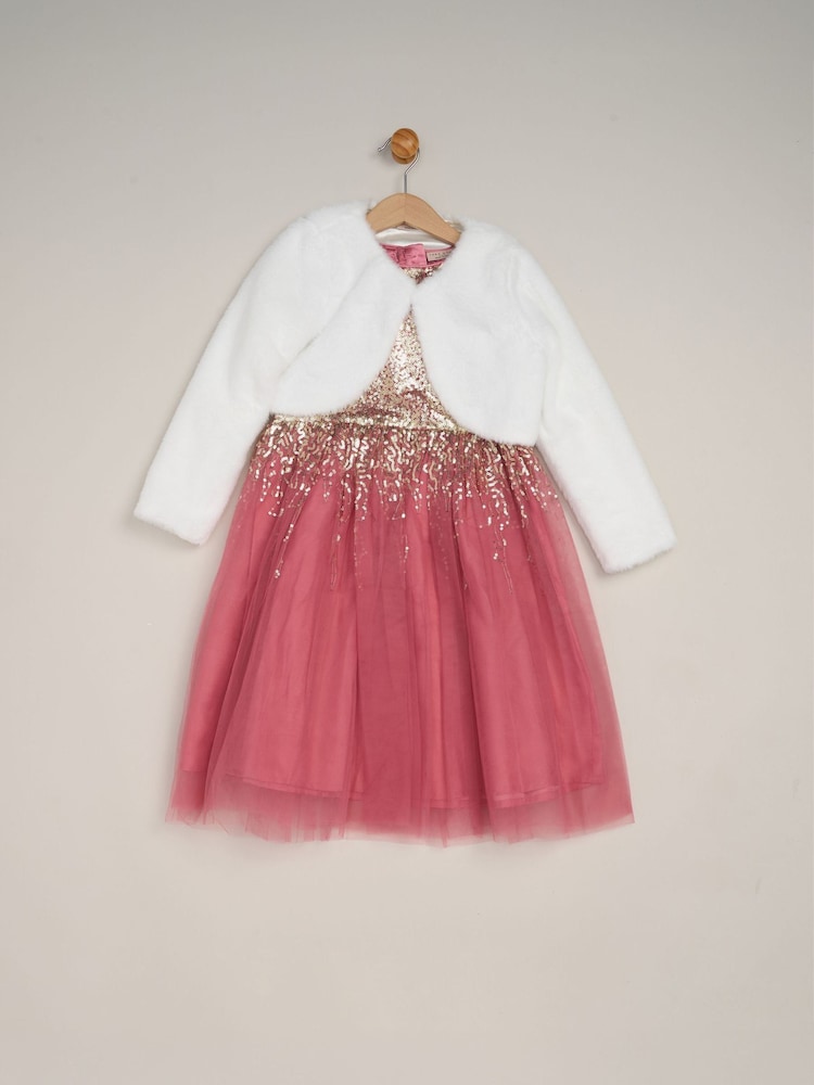 Miss Pink Waterfall Sequin Dress and Faux Fur Bolero Set - Image 1 of 4 Miss Pink Waterfall Sequin Dress and Faux Fur Bolero Set - Image 1 of 4