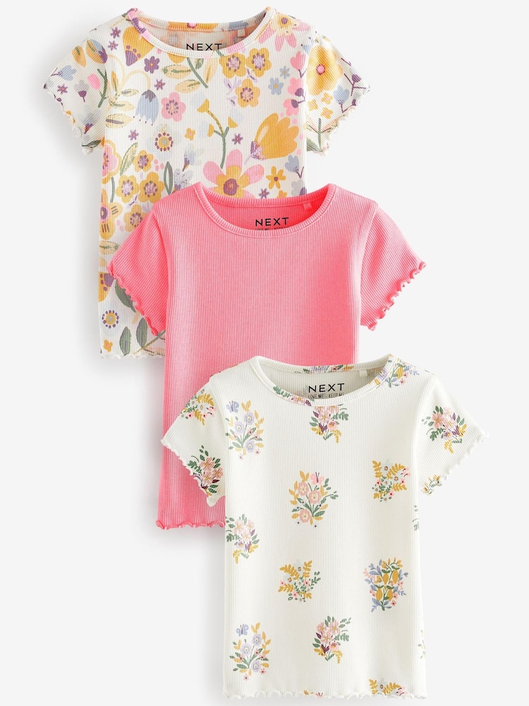 Pink Floral Short Sleeve Rib T-Shirts 3 Pack (3mths-7yrs) - Image 1 of 3 Pink Floral Short Sleeve Rib T-Shirts 3 Pack (3mths-7yrs) - Image 1 of 3